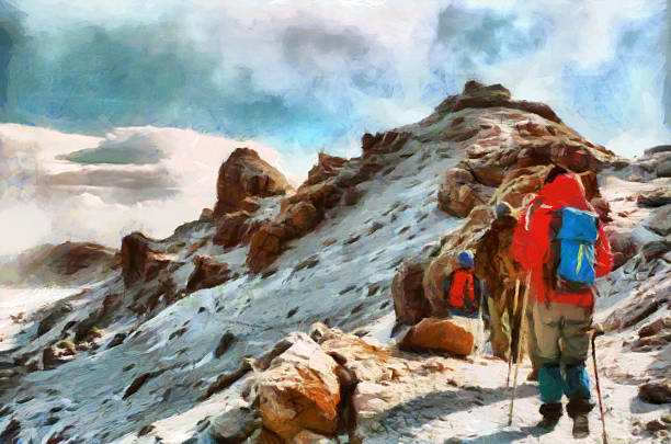 Group of trekkers hiking among snows of Kilimanjaro mountain oil painting